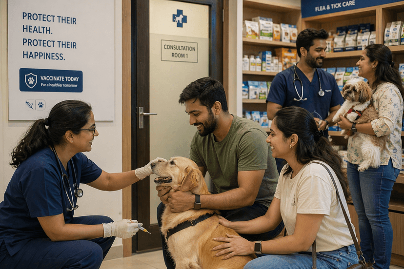 Pet parents in vet clinic