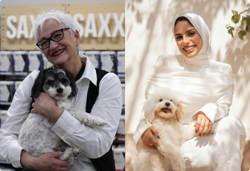 Collage of two women, each holding a small dog and smiling.