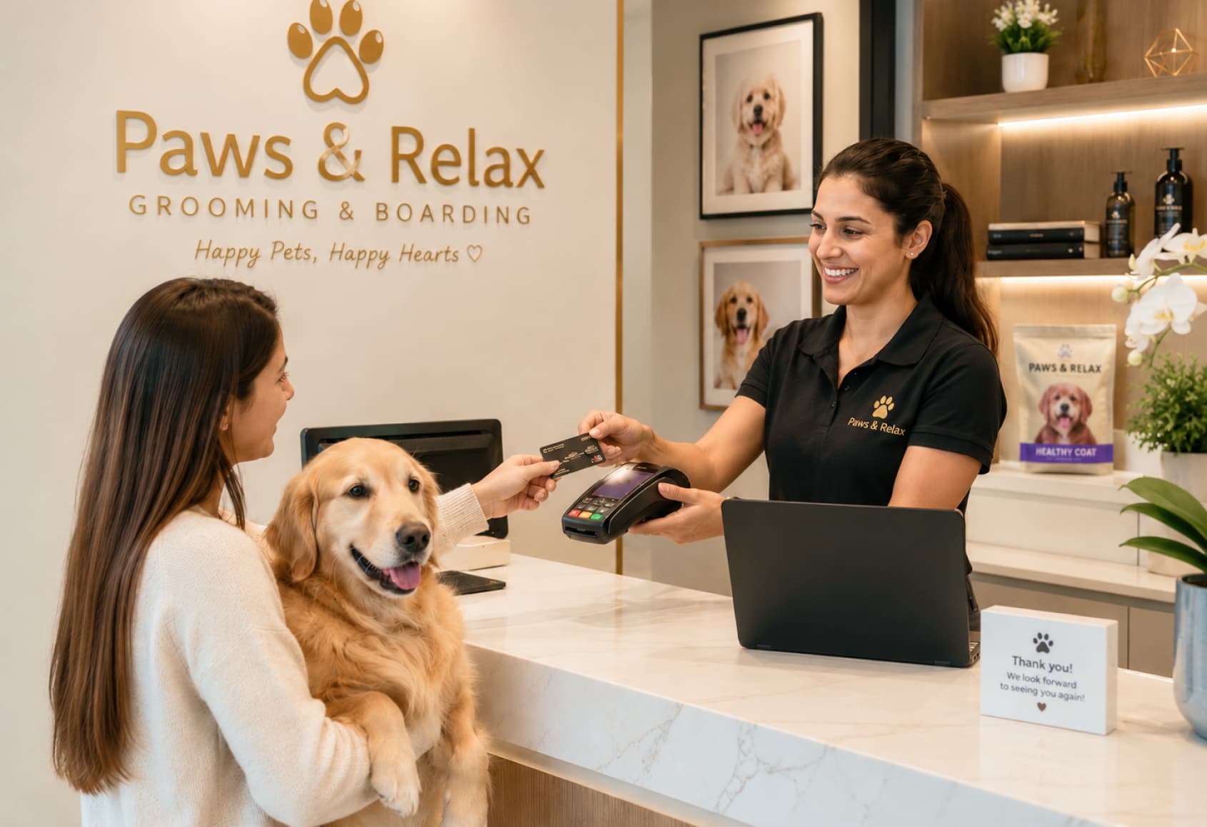 Customer checkout in a pet grooming center