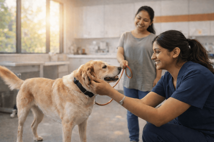 Friendly Veterinarian Greeting Dog and Pet Owner in Clinic