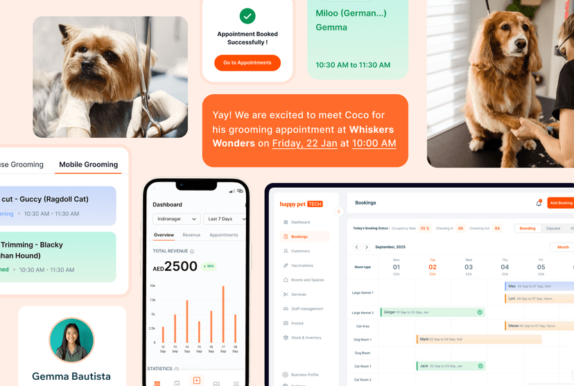 Happy Pet Tech saas pet business software screen previews