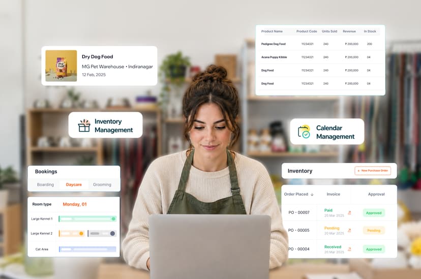 Pet business owner using Happy Pet Tech software to manage inventory and bookings