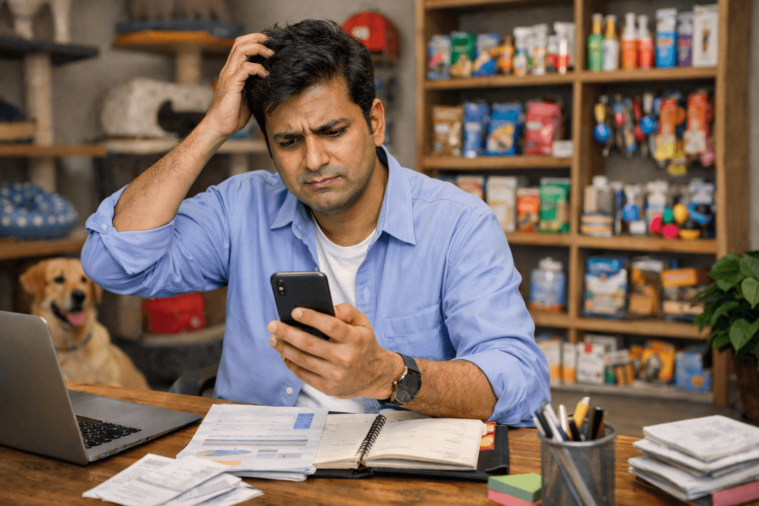 Confused looking Pet business owner at desk