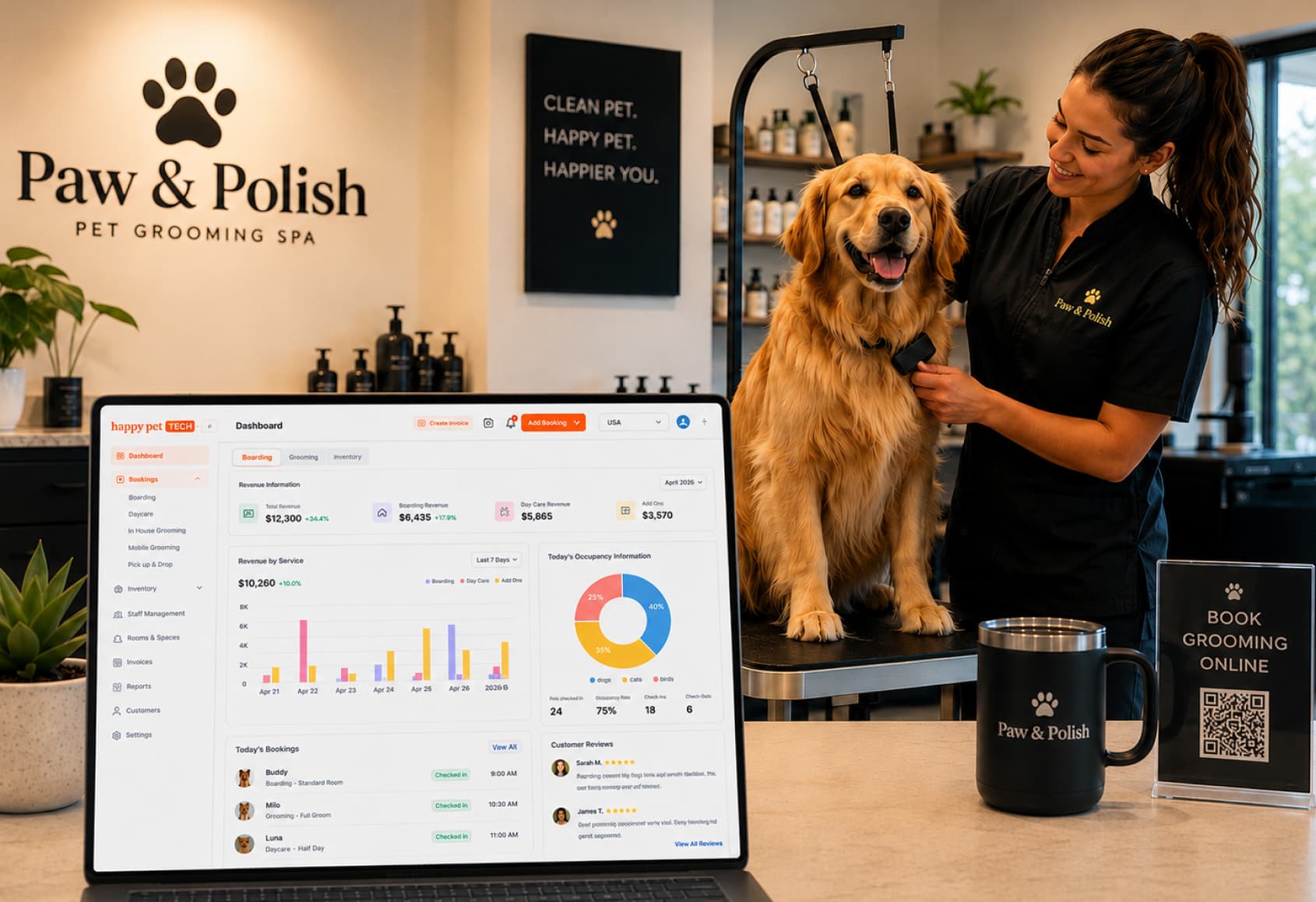 Pet grooming center using Happy Pet Tech to manage their daily business operations
