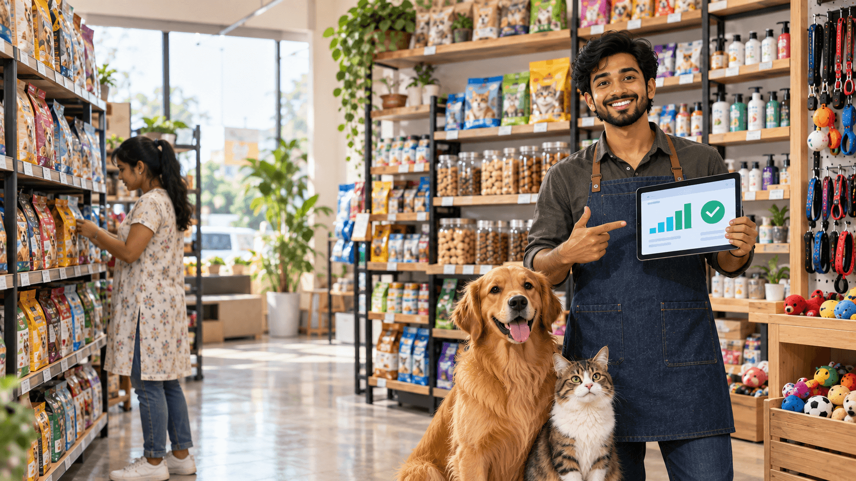 Smiling Pet Store Owner with Pets