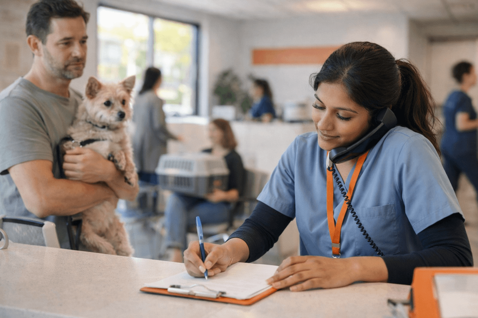 Vet Receptionist Assisting Pet Owner with Dog Check-In.