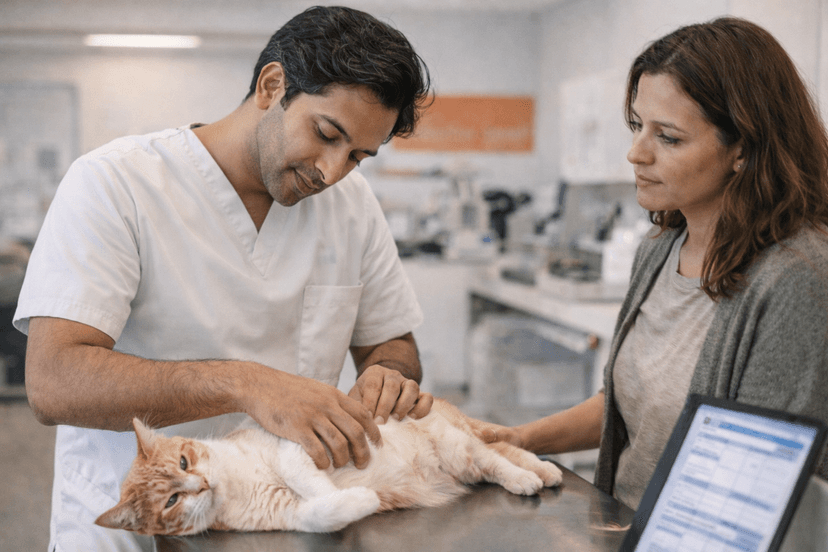 Veterinarian Examining cat’s Ear with Concerned Pet Owner